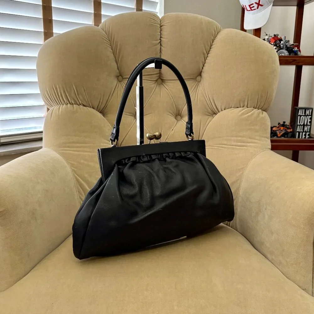 Auth KATE LANDRY Black Leather VTG Inspired Top Handle Frame Satchel Bag... - Picture 2 of 7